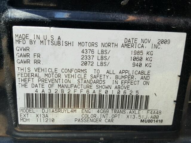 4A32B2FF6AE010625 - 2010 MITSUBISHI GALANT FE BLACK photo 10