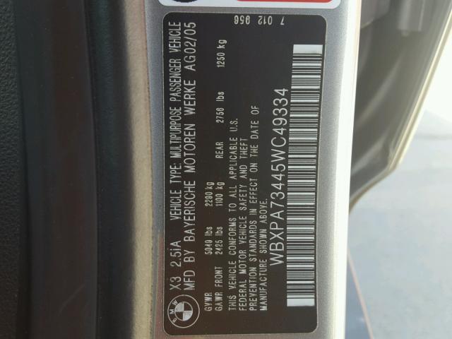 WBXPA73445WC49334 - 2005 BMW X3 2.5I SILVER photo 10