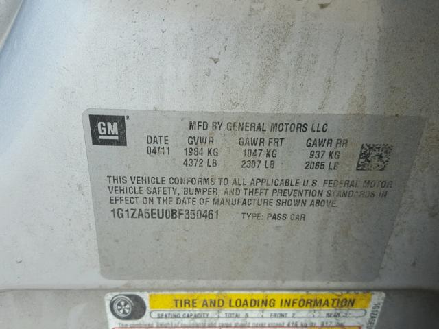 1G1ZA5EU0BF350461 - 2011 CHEVROLET MALIBU LS ვერცხლისფერი ფოტო 10