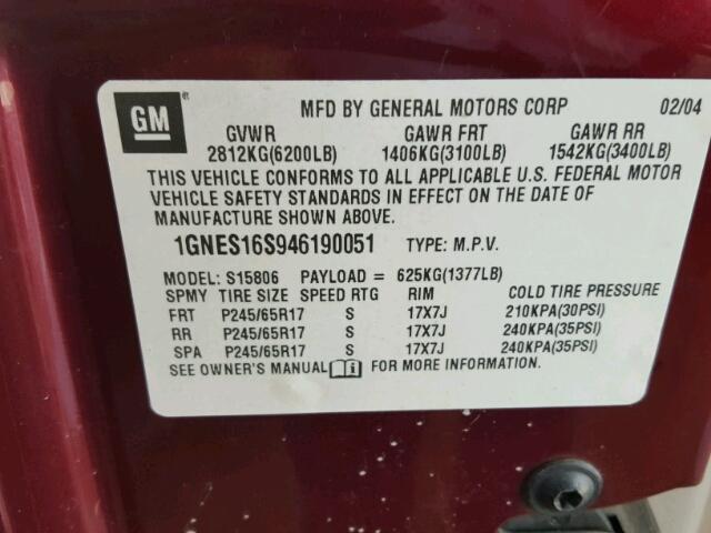 1GNES16S946190051 - 2004 CHEVROLET TRAILBLAZE MAROON photo 10