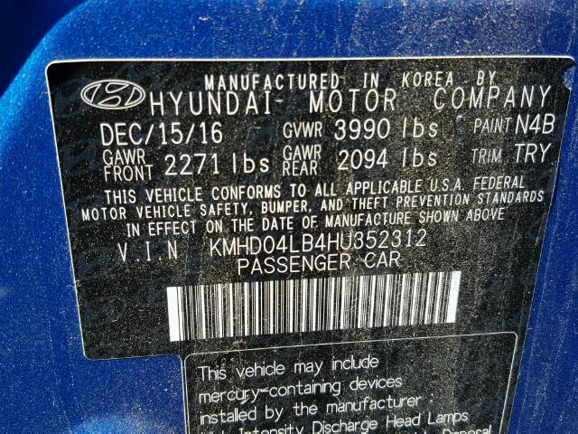 KMHD04LB4HU352312 - 2017 HYUNDAI ELANTRA SP BLUE photo 10