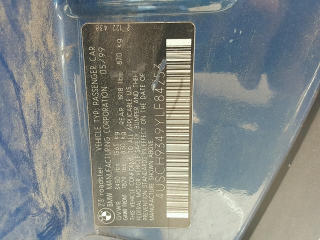 4USCH9349YLF84253 - 2000 BMW Z3 2.3 BLUE photo 10