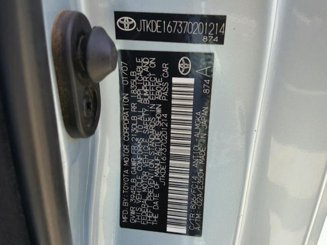 JTKDE167370201214 - 2007 TOYOTA SCION TC ვერცხლისფერი ფოტო 10