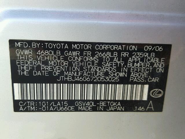 JTHBJ46G672053025 - 2007 LEXUS ES 350 SILVER photo 10