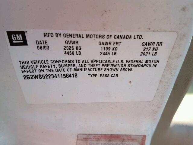 2G2WS522341156418 - 2004 PONTIAC GRAND PRIX WHITE photo 10