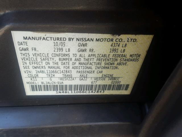 1N4BL11D66C142843 - 2006 NISSAN ALTIMA SE GRAY photo 10