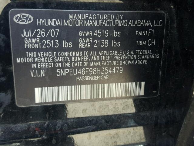 5NPEU46F98H354479 - 2008 HYUNDAI SONATA SE BLACK photo 10