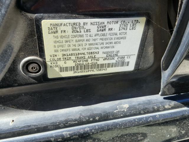 3N1AB51D44L728543 - 2004 NISSAN SENTRA SE- BLACK photo 10