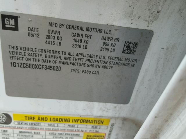 1G1ZC5E0XCF345020 - 2012 CHEVROLET MALIBU 1LT WHITE photo 10