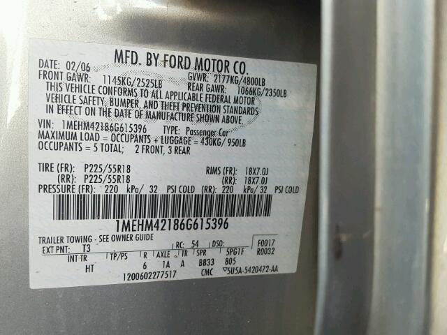 1MEHM42186G615396 - 2006 MERCURY MONTEGO PR 银色 照片 10