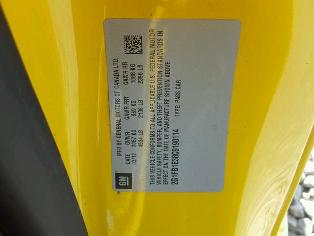 2G1FB1E38C9190114 - 2012 CHEVROLET CAMARO LT YELLOW photo 10