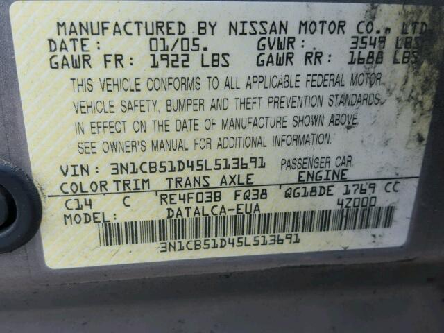 3N1CB51D45L513691 - 2005 NISSAN SENTRA 1.8 GRAY photo 10