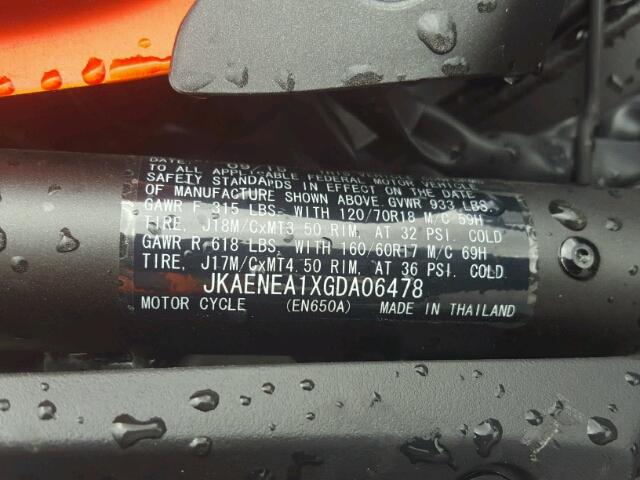 JKAENEA1XGDA06478 - 2016 KAWASAKI EN650 A ORANGE photo 10