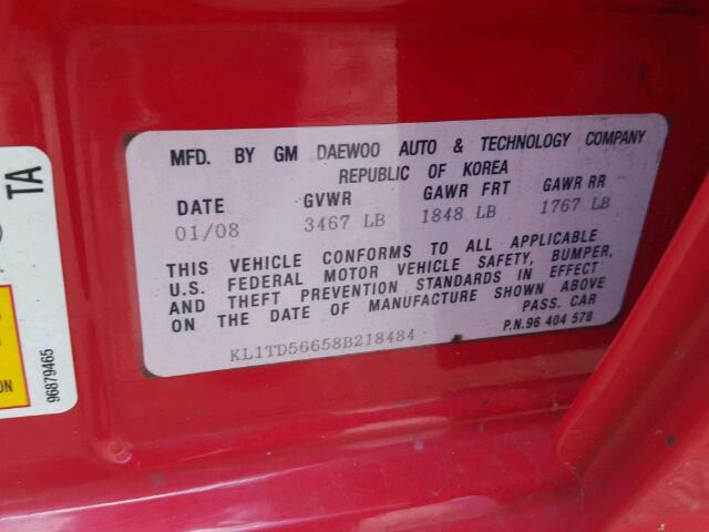 KL1TD56658B218484 - 2008 CHEVROLET AVEO BASE Կարմիր լուսանկար 10