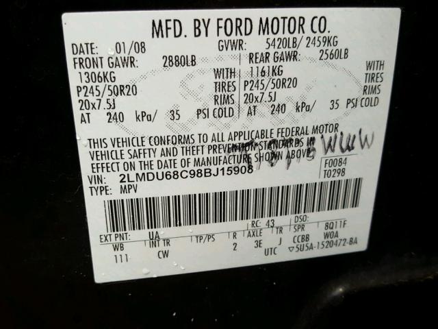 2LMDU68C98BJ15908 - 2008 LINCOLN MKX BLACK photo 10