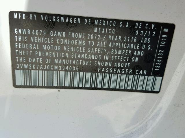 3VW2K7AJ0CM394035 - 2012 VOLKSWAGEN JETTA BASE 白色 照片 10