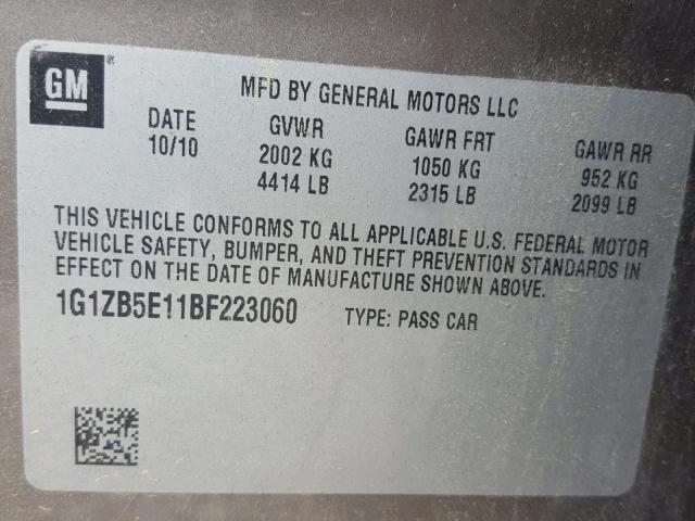 1G1ZB5E11BF223060 - 2011 CHEVROLET MALIBU LS GRAY photo 10