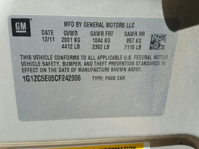 1G1ZC5E05CF242006 - 2012 CHEVROLET MALIBU 1LT GOLD photo 10