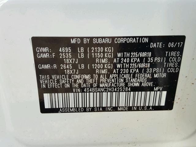 4S4BSANC2H3425284 - 2017 SUBARU OUTBACK 2. WHITE photo 10