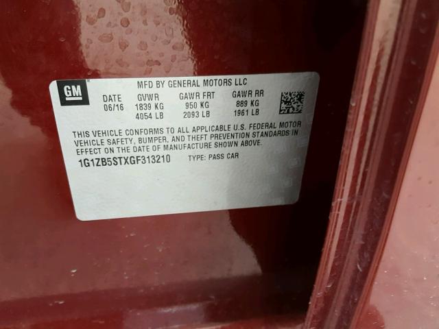 1G1ZB5STXGF313210 - 2016 CHEVROLET MALIBU LS MAROON photo 10