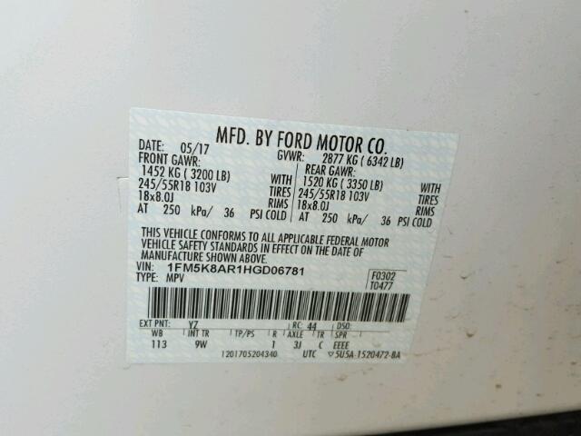 1FM5K8AR1HGD06781 - 2017 FORD EXPLORER P WHITE photo 10