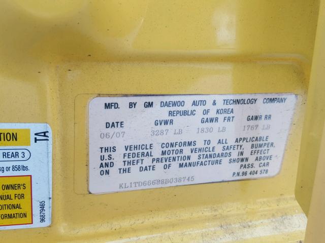 KL1TD66688B038745 - 2008 CHEVROLET AVEO BASE Сары фото 10