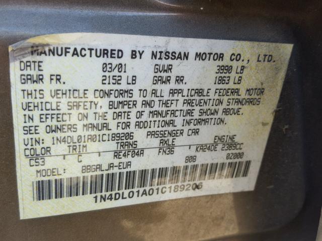 1N4DL01A01C189206 - 2001 NISSAN ALTIMA GXE GRAY photo 10