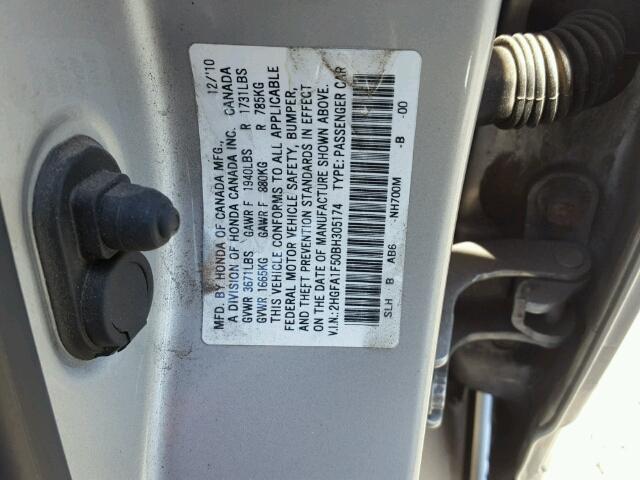 2HGFA1F50BH305174 - 2011 HONDA CIVIC LX SILVER photo 10