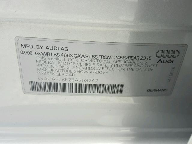 WAUAF78E26A258242 - 2006 AUDI A4 2 GRAY photo 10