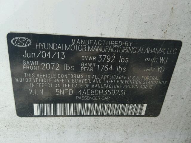 5NPDH4AE8DH359231 - 2013 HYUNDAI ELANTRA GL WHITE photo 10