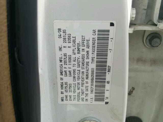 1HGCP36898A056601 - 2008 HONDA ACCORD EXL WHITE photo 10