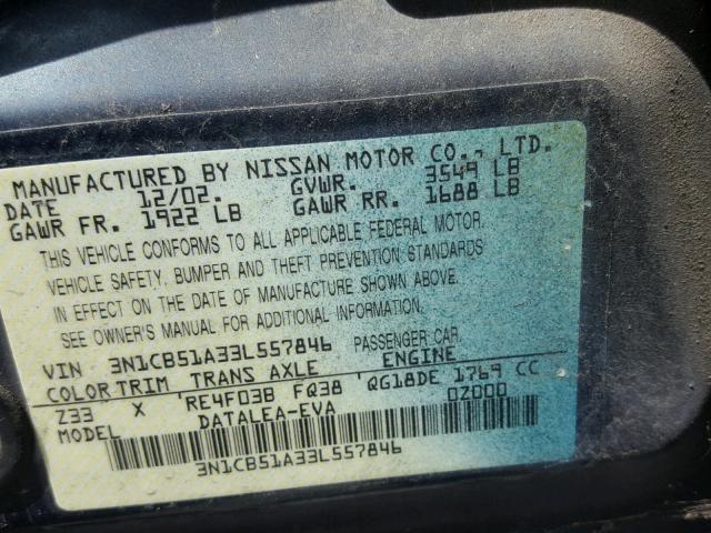 3N1CB51A33L557846 - 2003 NISSAN SENTRA GXE GREEN photo 10