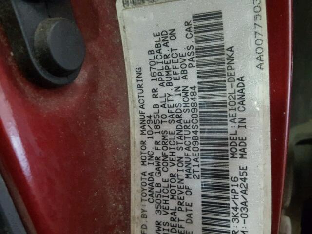 2T1AE09B4SC098484 - 1995 TOYOTA COROLLA LE 红色 照片 10