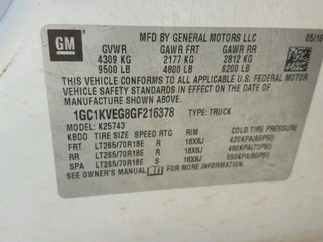 1GC1KVEG8GF216378 - 2016 CHEVROLET SILVERADO WHITE photo 10