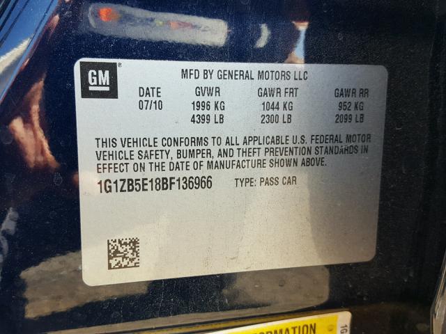 1G1ZB5E18BF136966 - 2011 CHEVROLET MALIBU LS Mavi foto 10