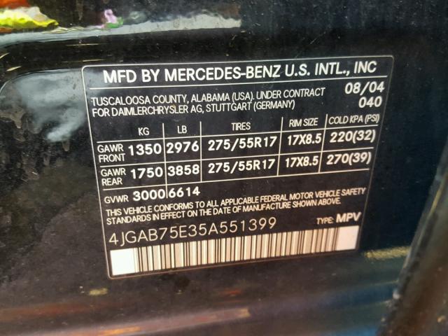 4JGAB75E35A551399 - 2005 MERCEDES-BENZ ML 500 BLACK photo 10