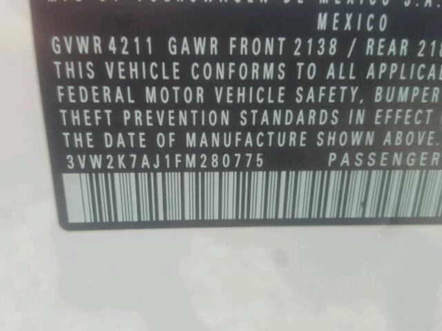 3VW2K7AJ1FM280775 - 2015 VOLKSWAGEN JETTA BASE 白色 照片 10