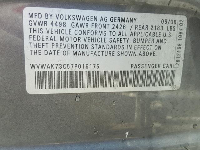 WVWAK73C57P016175 - 2007 VOLKSWAGEN PASSAT 2.0 SILVER photo 10