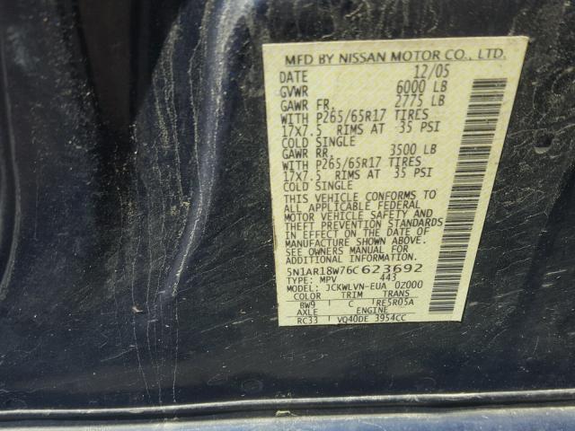 5N1AR18W76C623692 - 2006 NISSAN PATHFINDER ლურჯი ფოტო 10