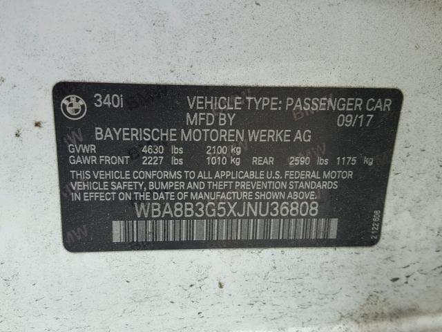 WBA8B3G5XJNU36808 - 2018 BMW 340 I WHITE photo 10
