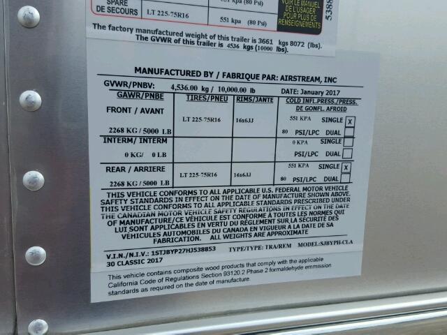 1STJBYP27HJ538853 - 2017 AIRS TRAILER SILVER photo 10