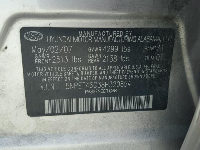 5NPET46C38H320854 - 2008 HYUNDAI SONATA GLS SILVER photo 10