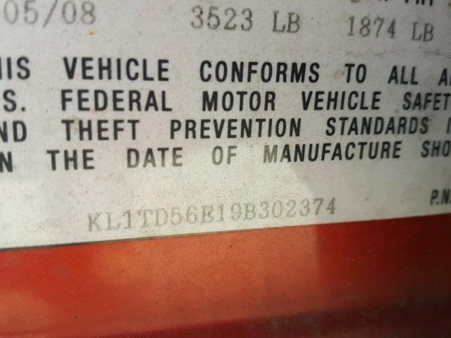 KL1TD56E19B302374 - 2009 CHEVROLET AVEO LS RED photo 10