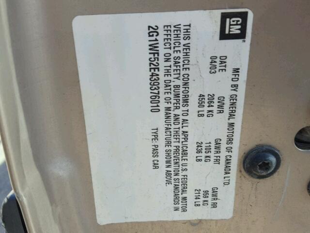 2G1WF52E439376010 - 2003 CHEVROLET IMPALA 金色 照片 10