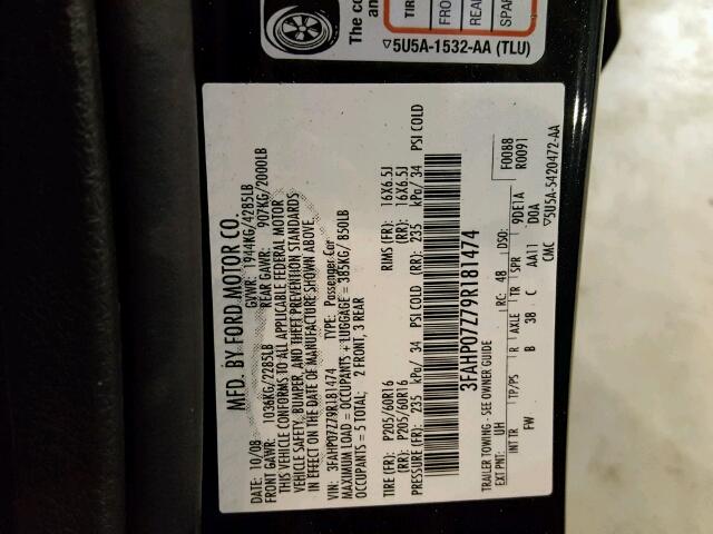 3FAHP07Z79R181474 - 2009 FORD FUSION SE BLACK photo 10