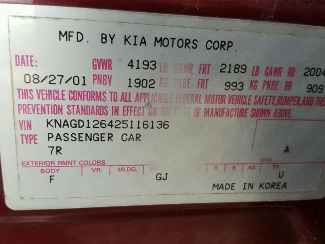 KNAGD126425116136 - 2002 KIA OPTIMA MAG MAROON photo 10