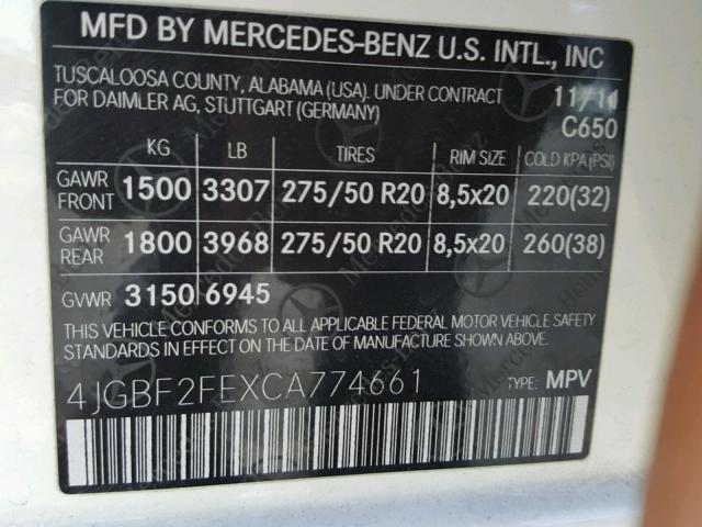 4JGBF2FEXCA774661 - 2012 MERCEDES-BENZ GL 350 BLU WHITE photo 10