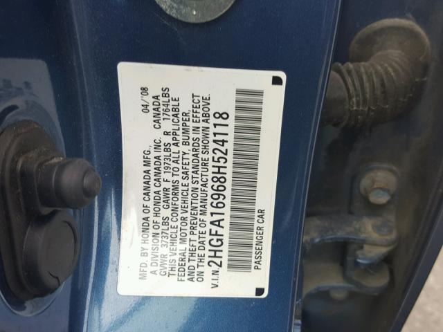 2HGFA16968H524118 - 2008 HONDA CIVIC EXL BLUE photo 10