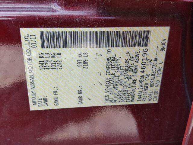 1N4AL2AP8BN460196 - 2011 NISSAN ALTIMA BAS MAROON photo 10