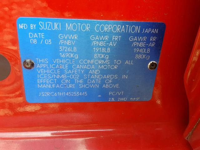 JS2RC61H145253445 - 2004 SUZUKI AERIO SX RED photo 10